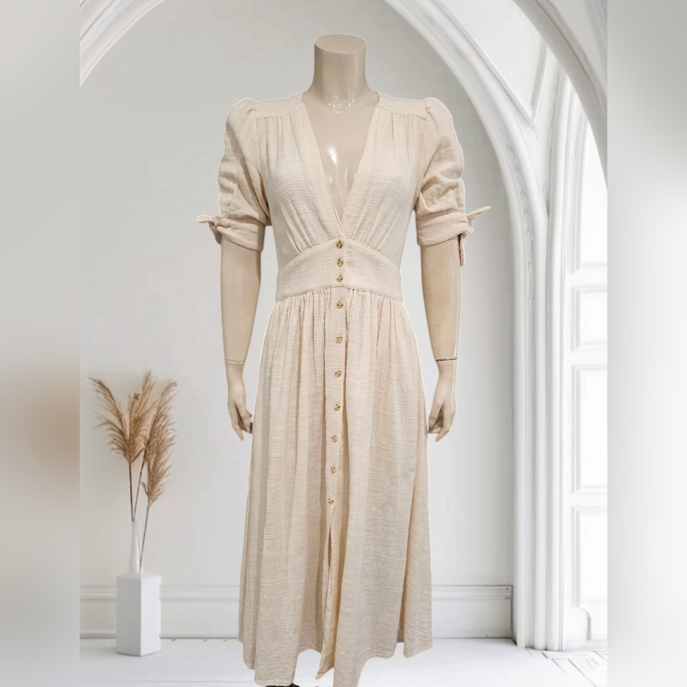 FREE PEOPLE Love of My Life Cream Button Front Fit Flare Midi Cotton Dress S